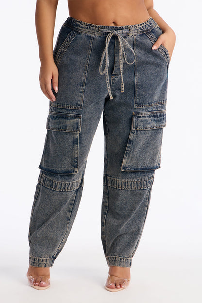 Get To You Cargo Jogger Jeans - Acid Wash Blue