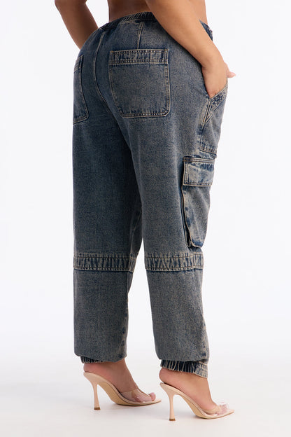 Get To You Cargo Jogger Jeans - Acid Wash Blue