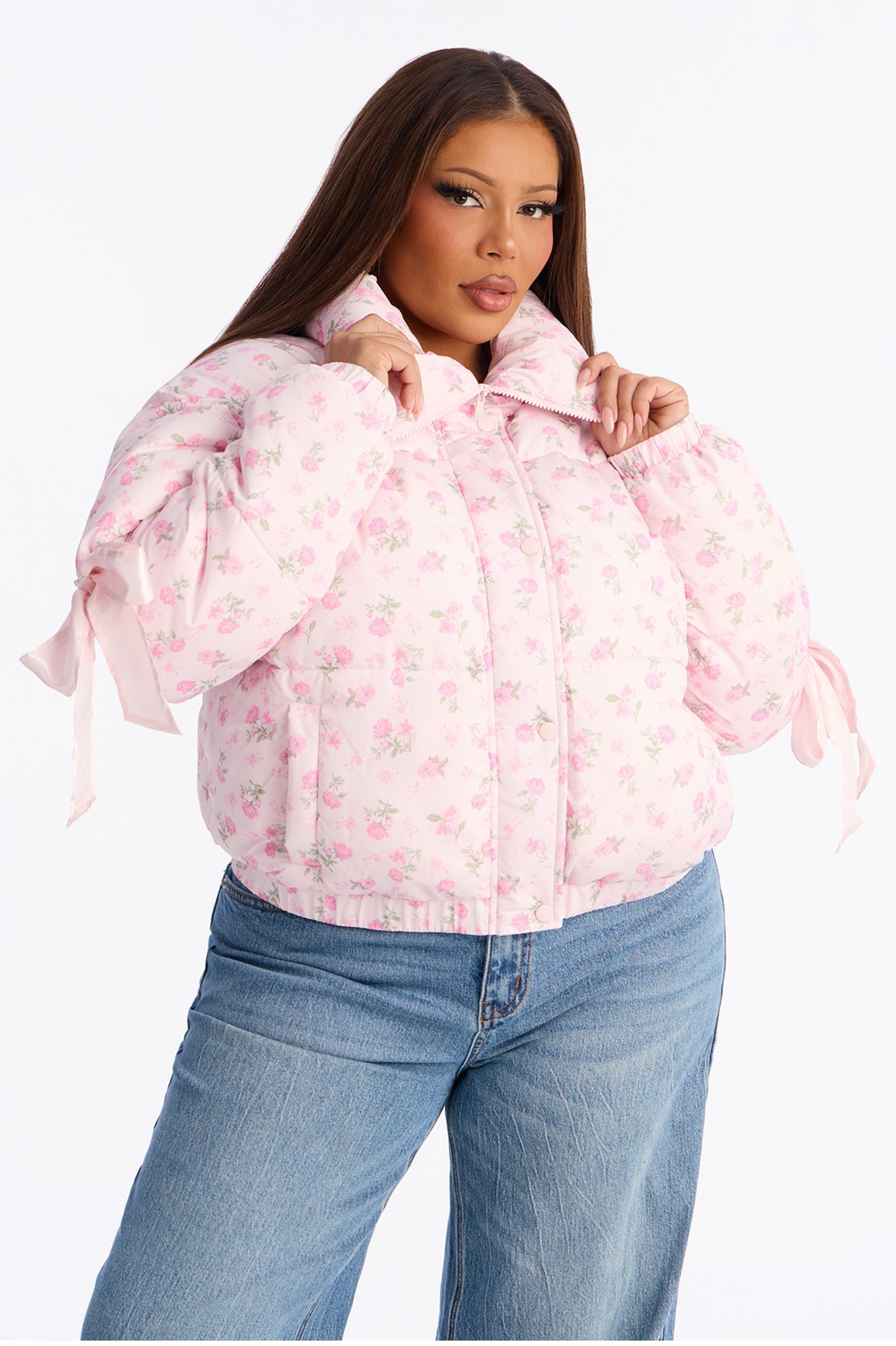 Coquette Touch Floral Puffer Jacket - Pink/combo