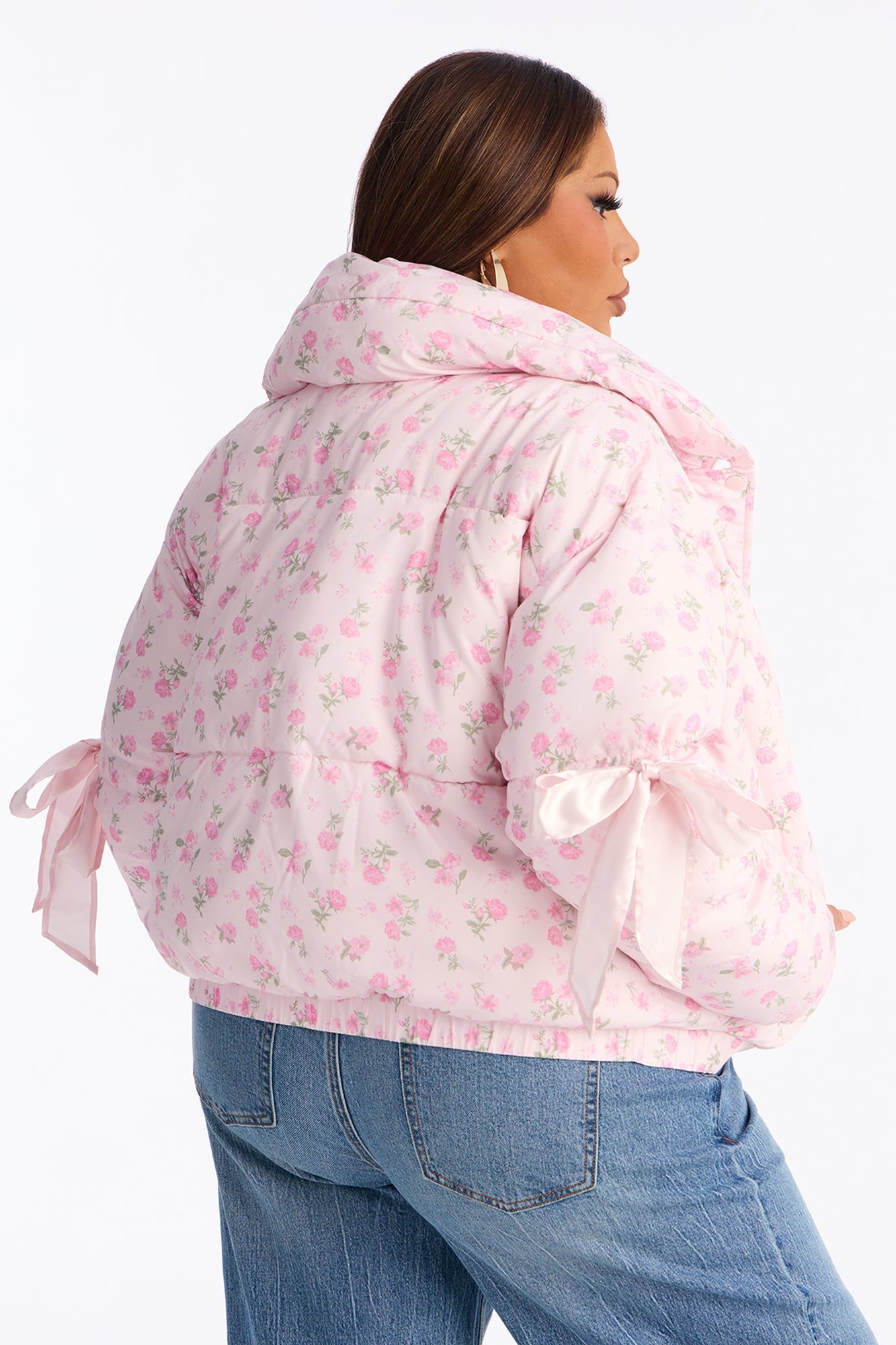 Coquette Touch Floral Puffer Jacket - Pink/combo