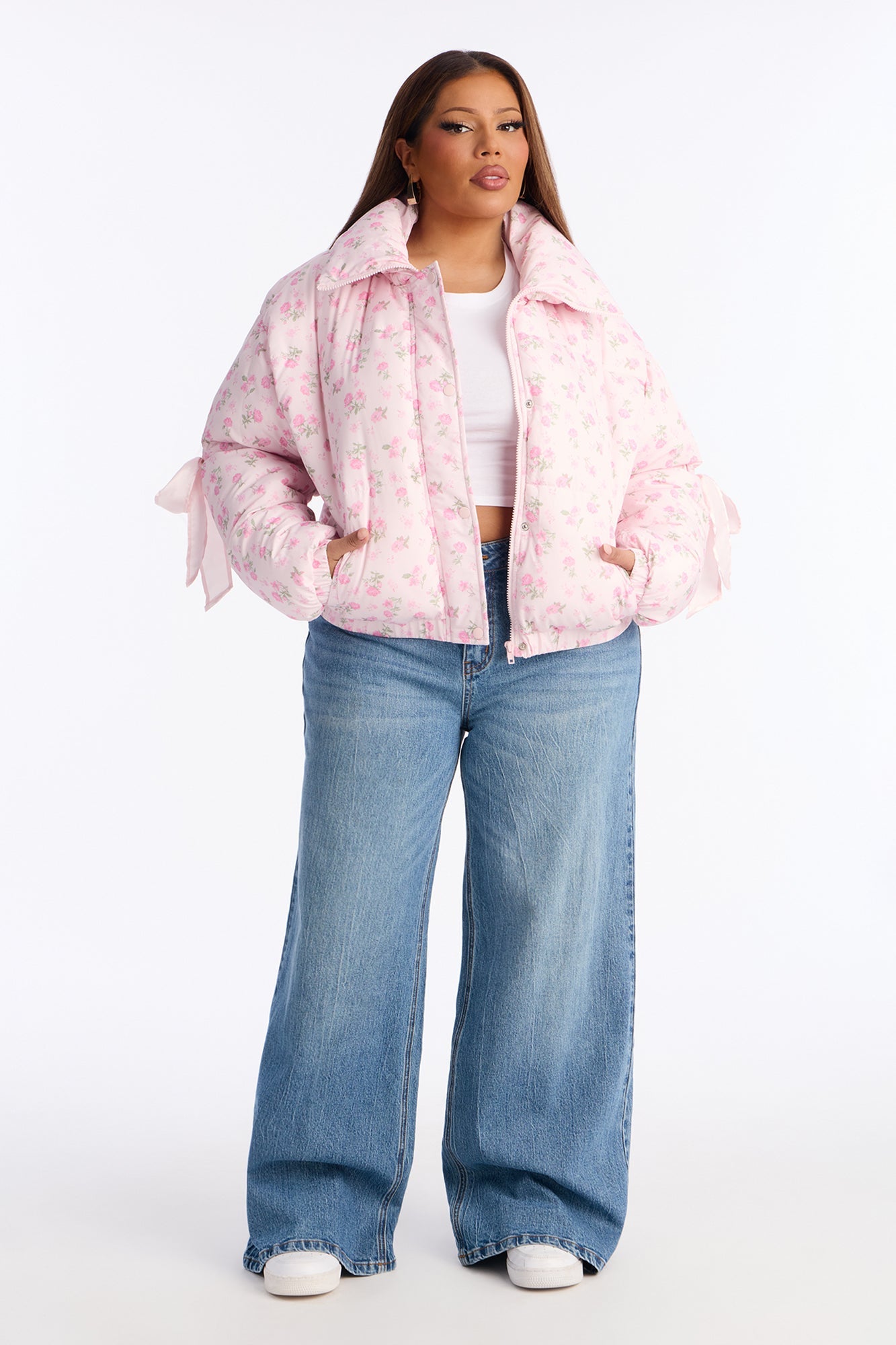 Coquette Touch Floral Puffer Jacket - Pink/combo