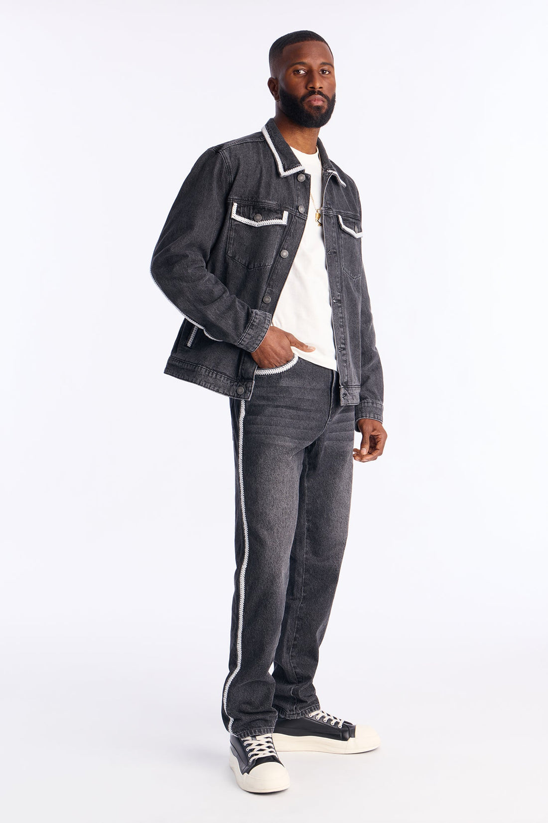 Crochet Denim Trucker Jacket - Black Wash