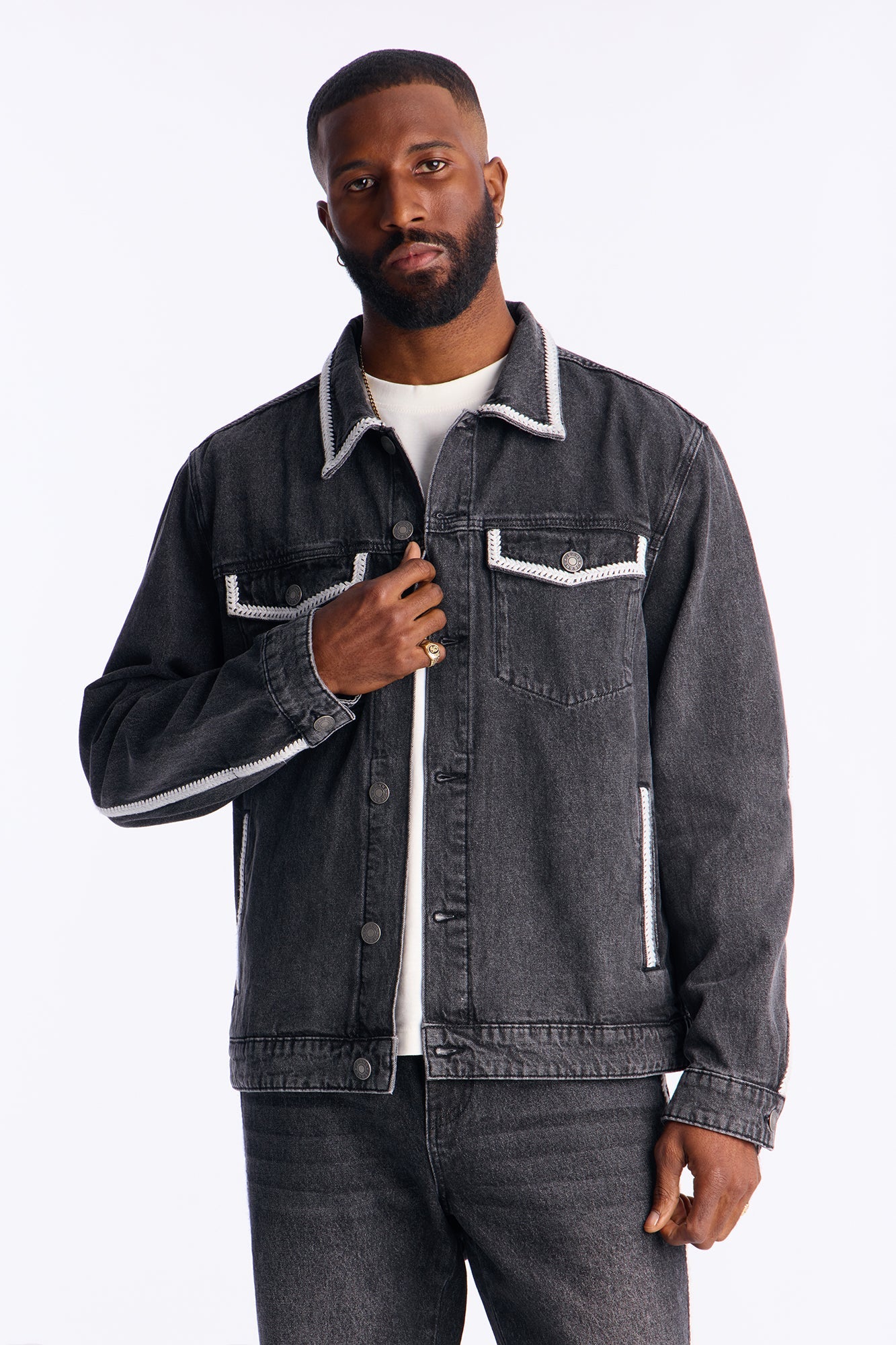 Crochet Denim Trucker Jacket - Black Wash