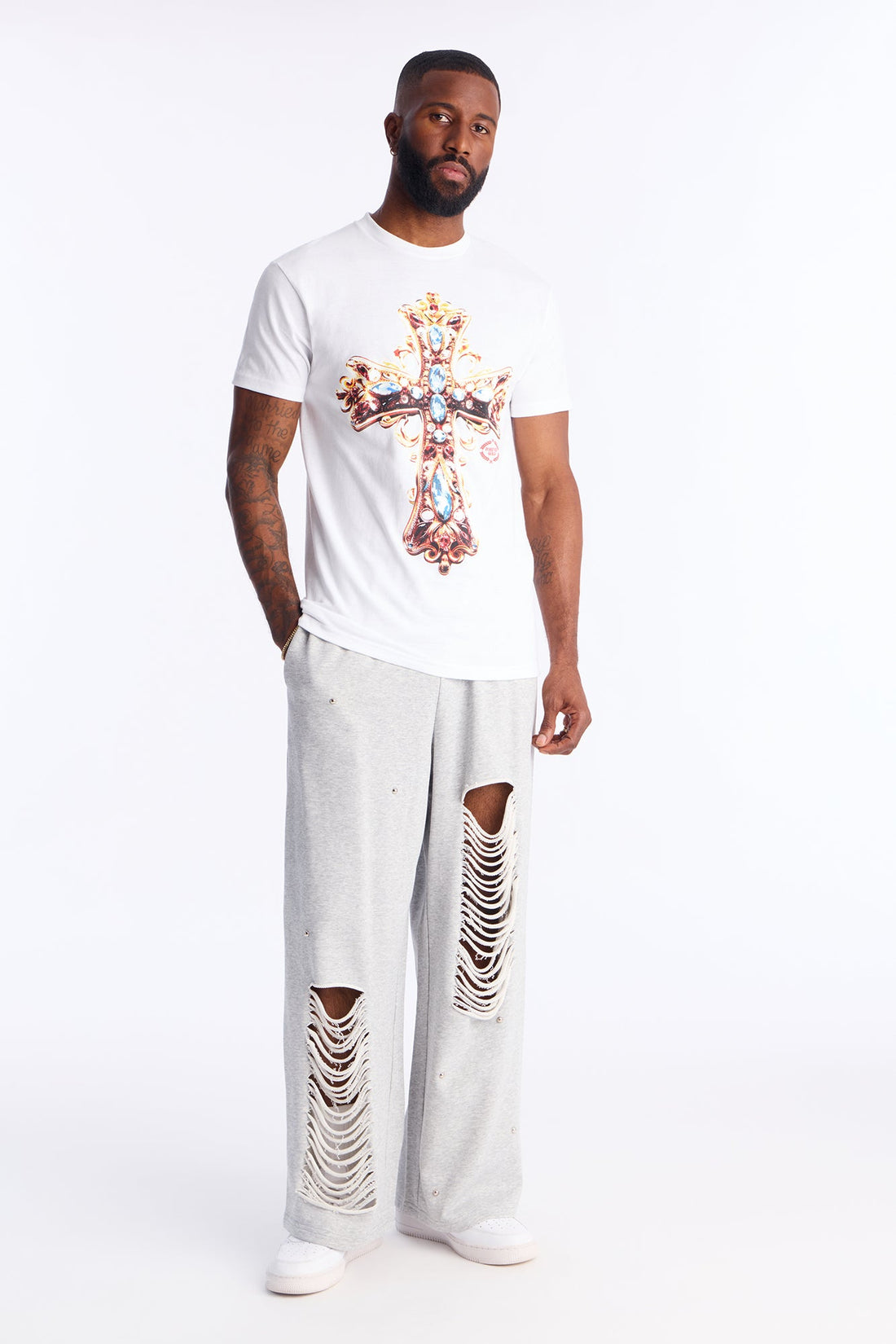 Distressed Wide Leg Sweatpants - Grey