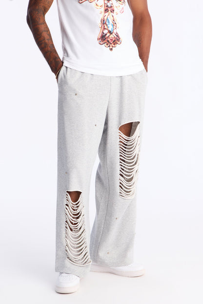 Distressed Wide Leg Sweatpants - Grey