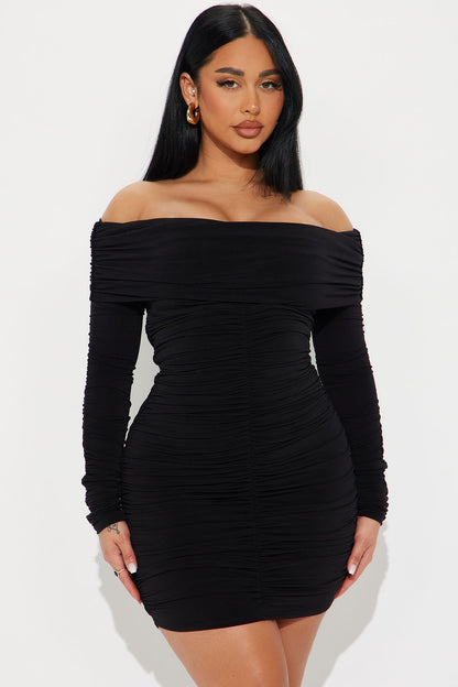 Keke Ruched Long Sleeve Mini Dress - Black