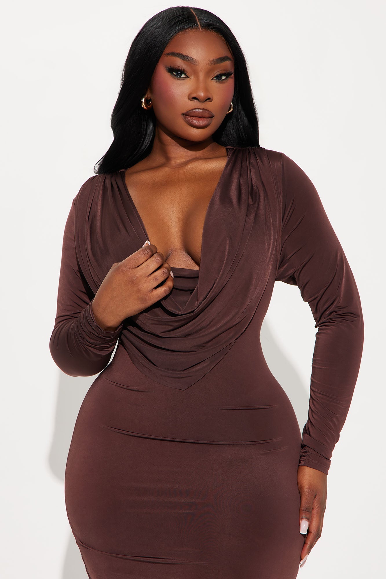 Heidi Cowl Neck Midi Dress - Chocolate