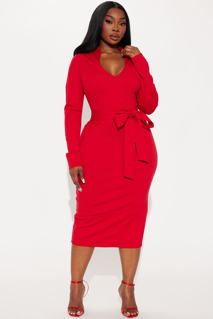 Flourish And Finesse Belted Midi Dress - Red