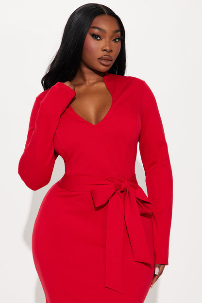 Flourish And Finesse Belted Midi Dress - Red