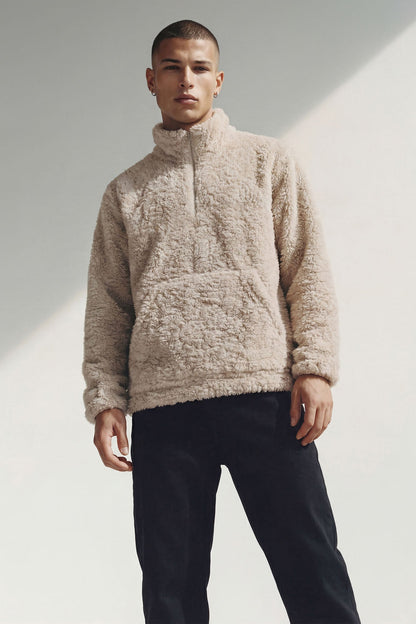 Relaxed Quarter Zip Faux Fur Jacket - Cream