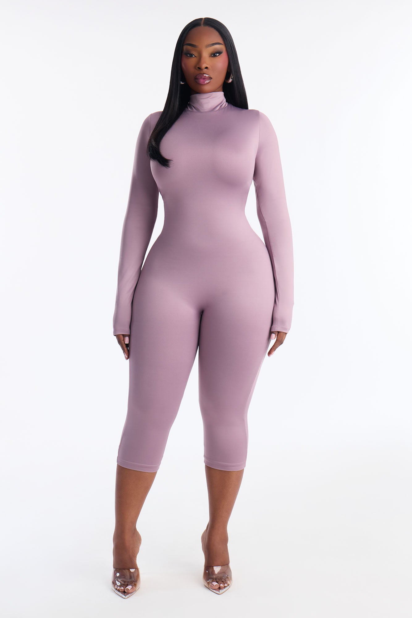 Contour Double Lined Mock Neck Capri Jumpsuit - Lavender