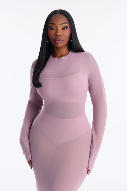 Power Mesh Long Sleeve Midi Dress - Lavender
