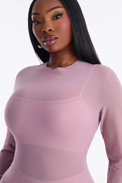 Power Mesh Long Sleeve Midi Dress - Lavender