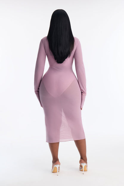 Power Mesh Long Sleeve Midi Dress - Lavender