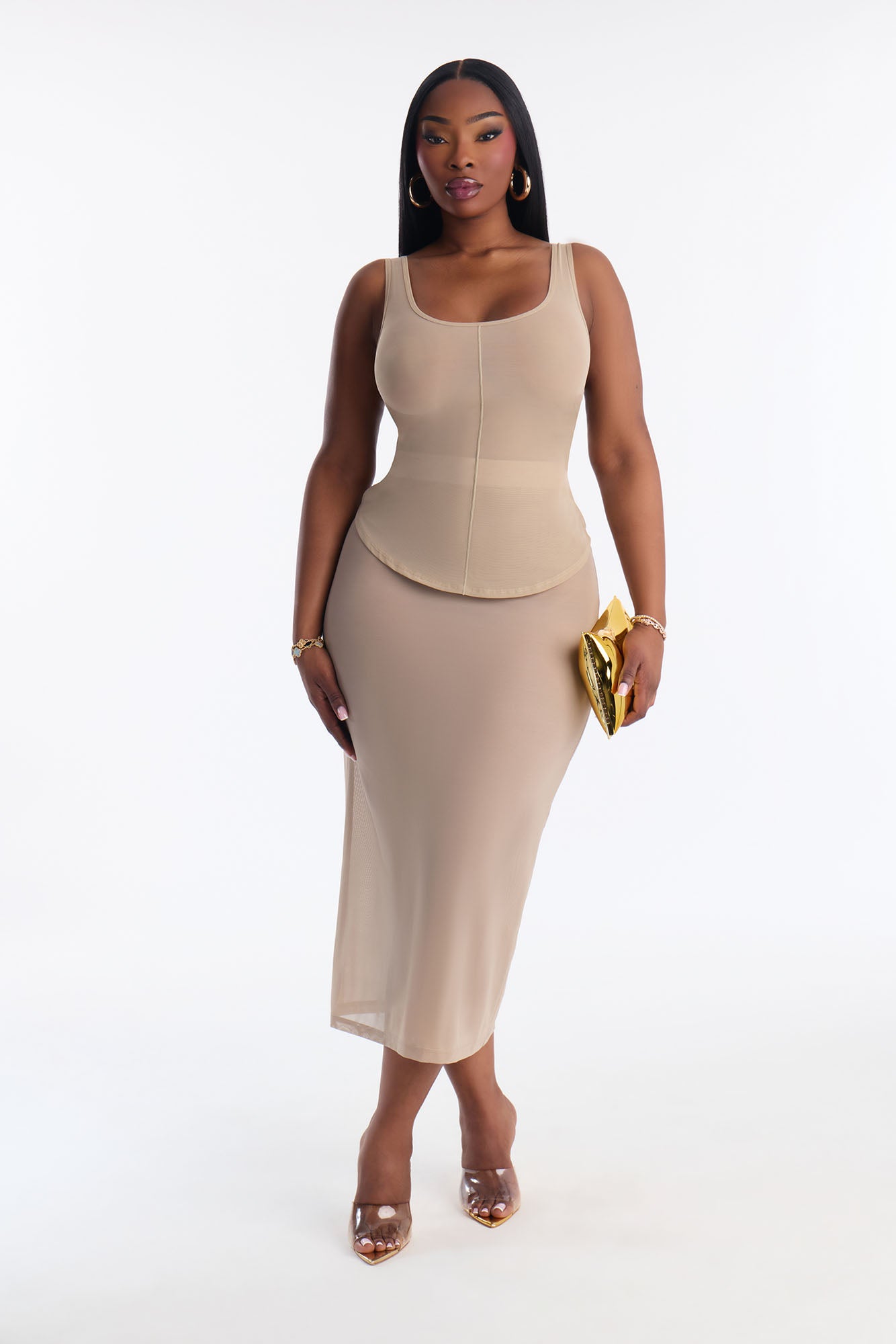 Power Mesh Midi Pencil Skirt - Olive