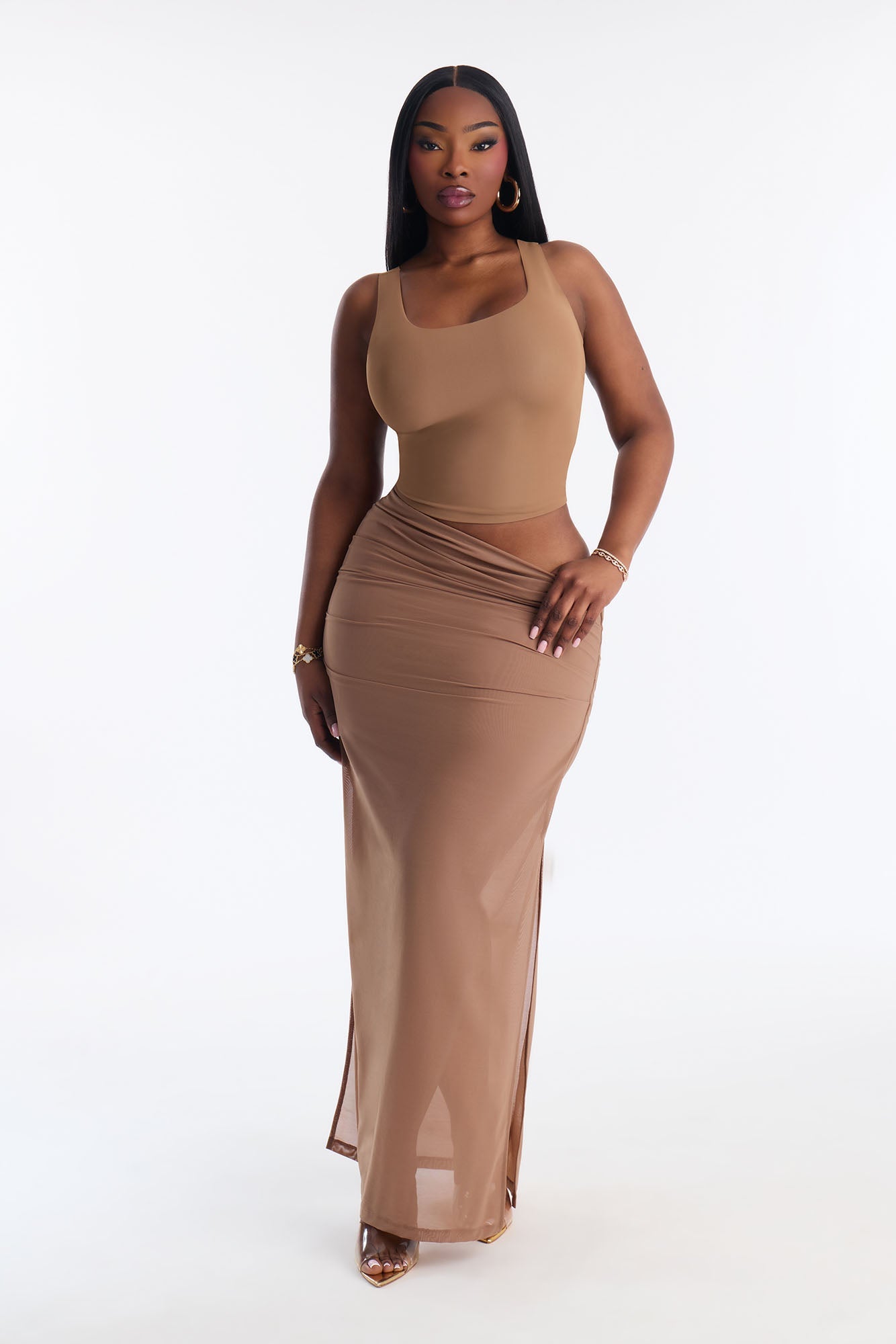 Power Mesh Ruched Maxi Skirt - Mocha