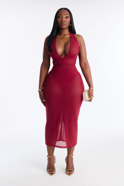 Power Mesh Midi Pencil Skirt - DarkRed