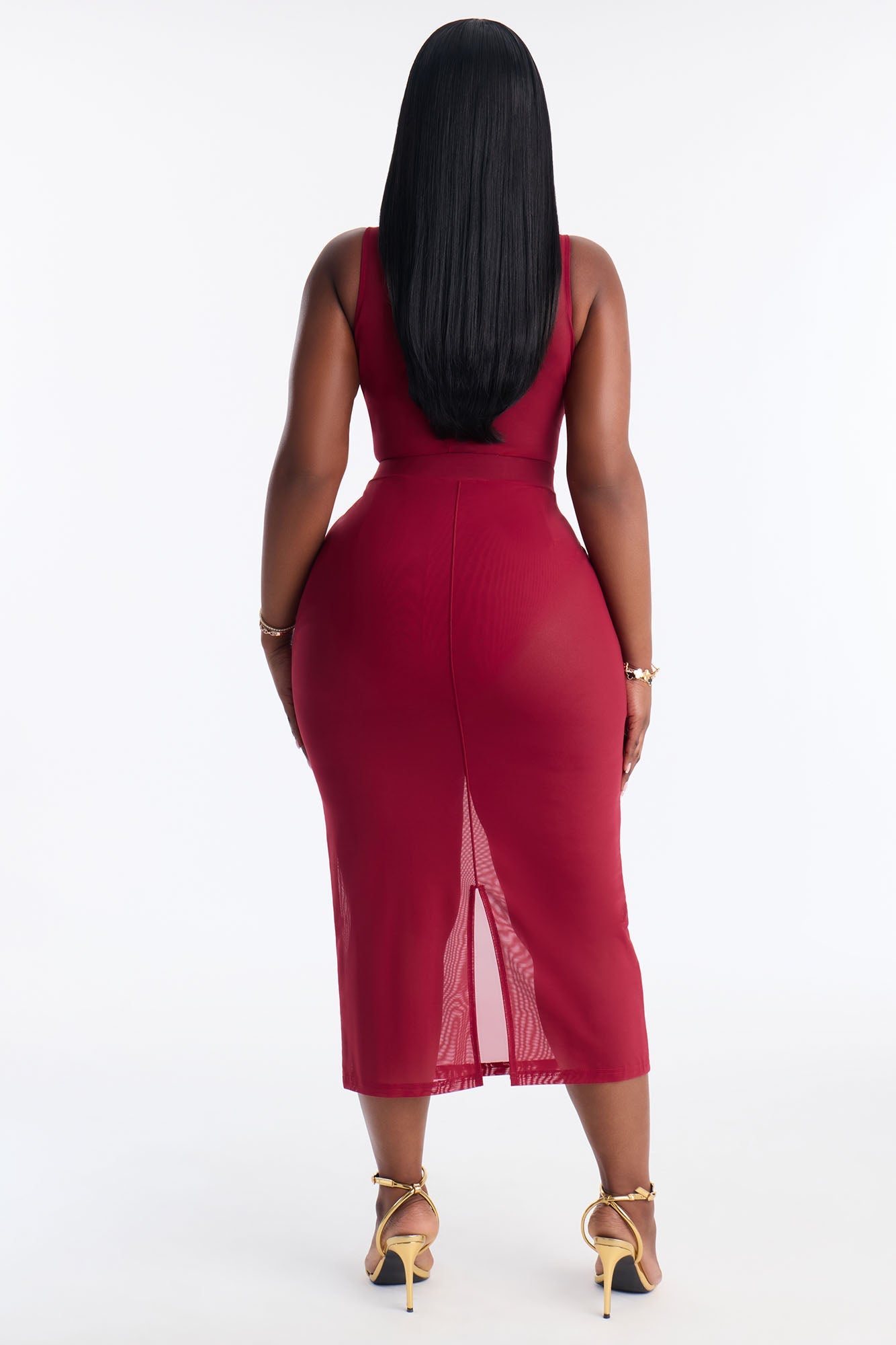 Power Mesh Midi Pencil Skirt - DarkRed