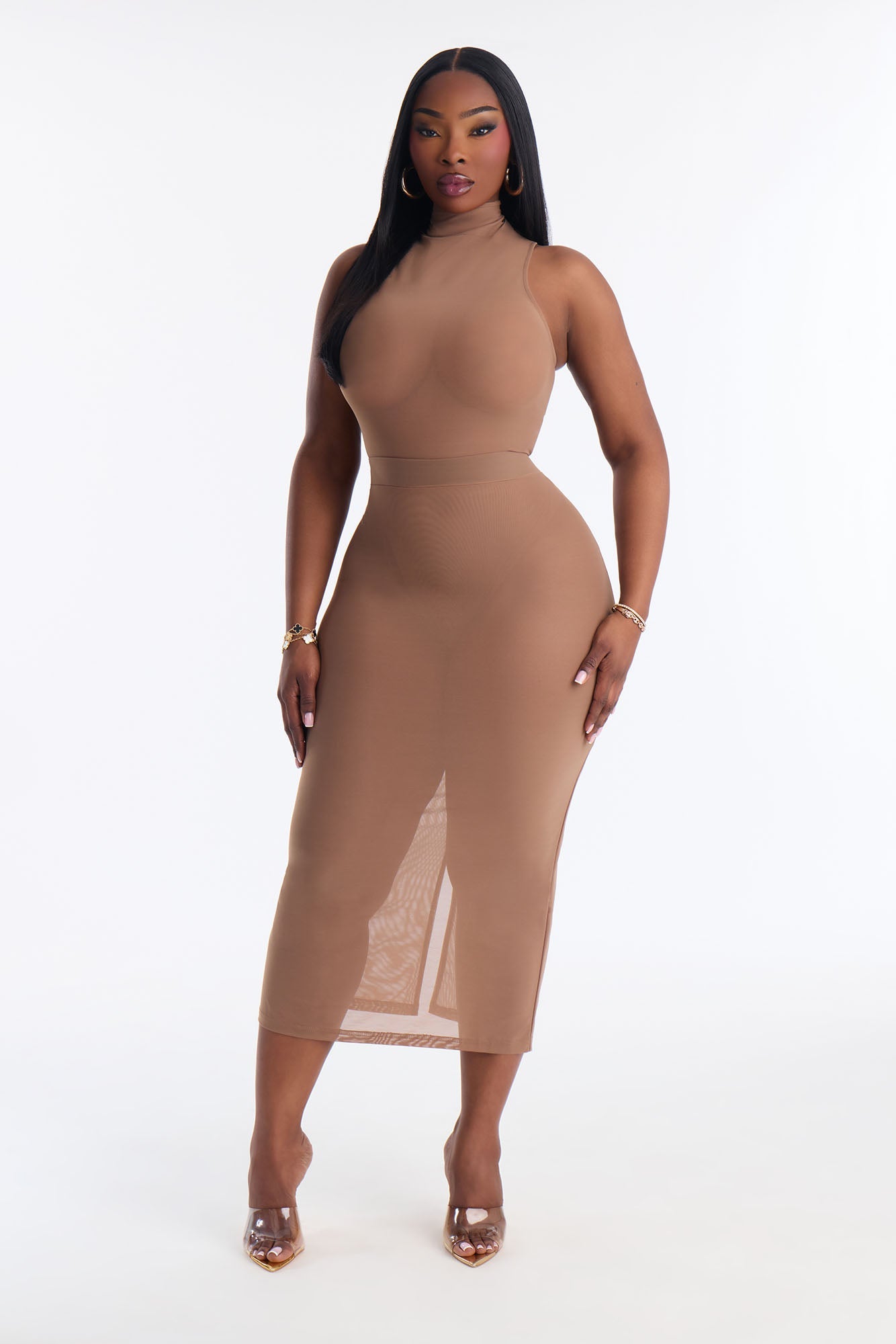 Power Mesh Midi Pencil Skirt - Mocha