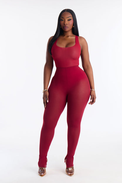 Power Mesh High Waisted Leggings - DarkRed