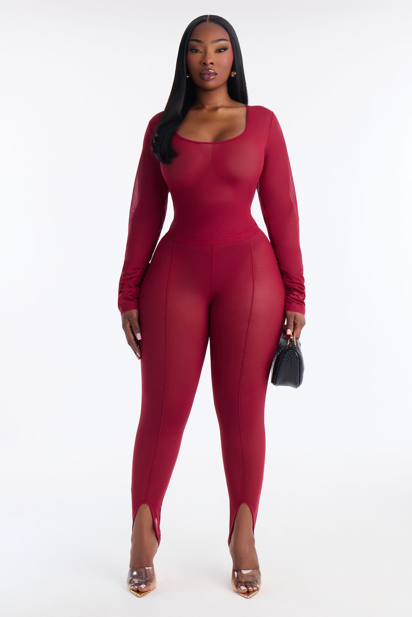 Power Mesh Scoop Long Sleeve Top And Skinny Pant Set - DarkRed