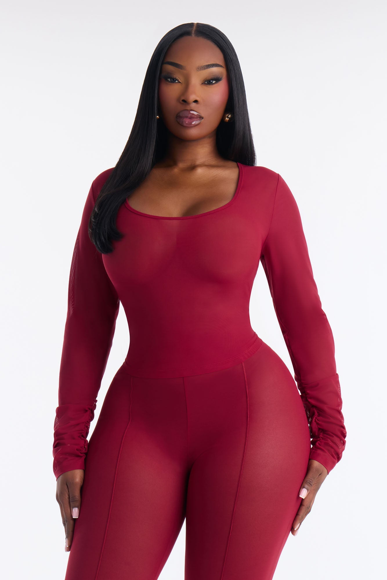 Power Mesh Scoop Long Sleeve Top And Skinny Pant Set - DarkRed