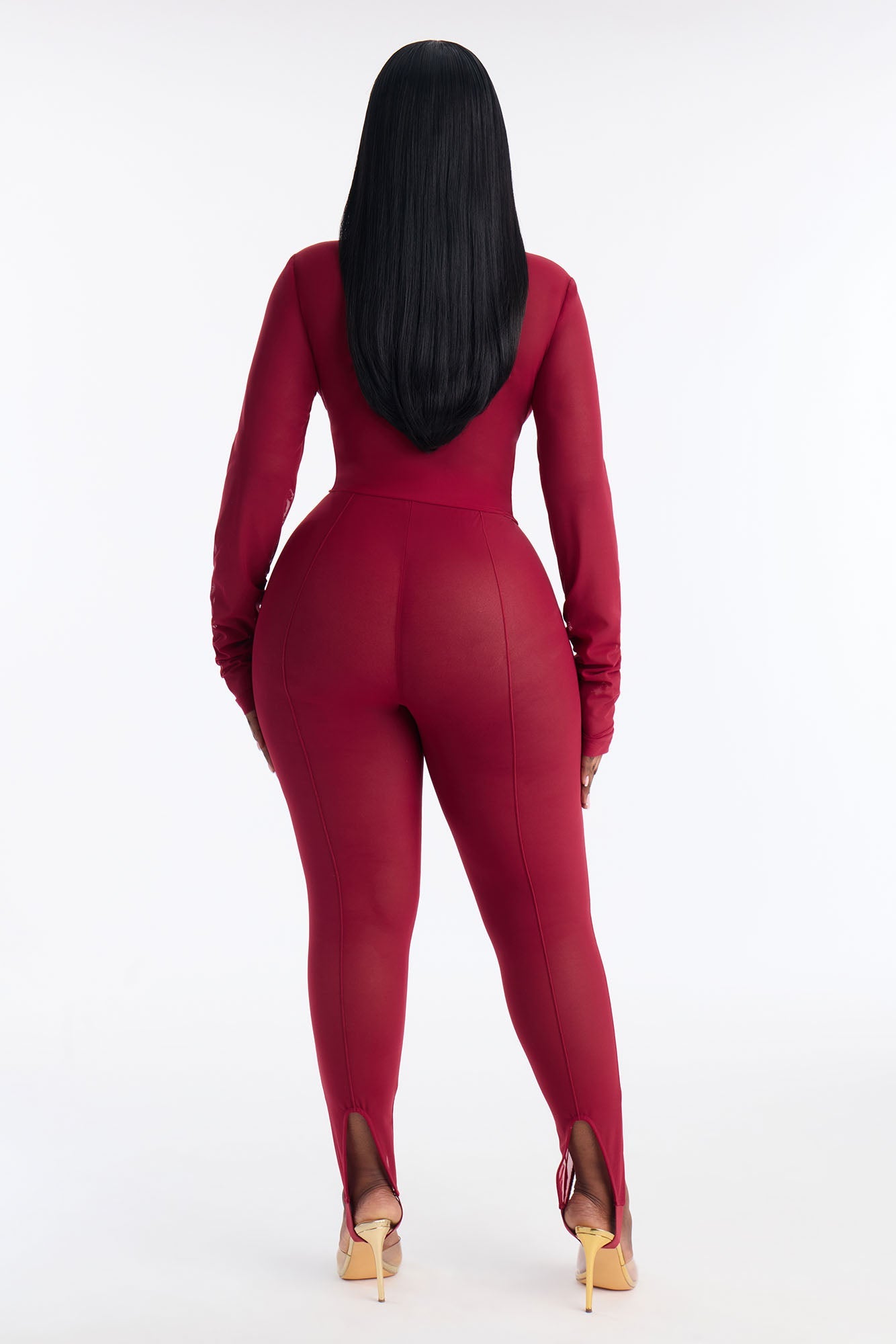 Power Mesh Scoop Long Sleeve Top And Skinny Pant Set - DarkRed