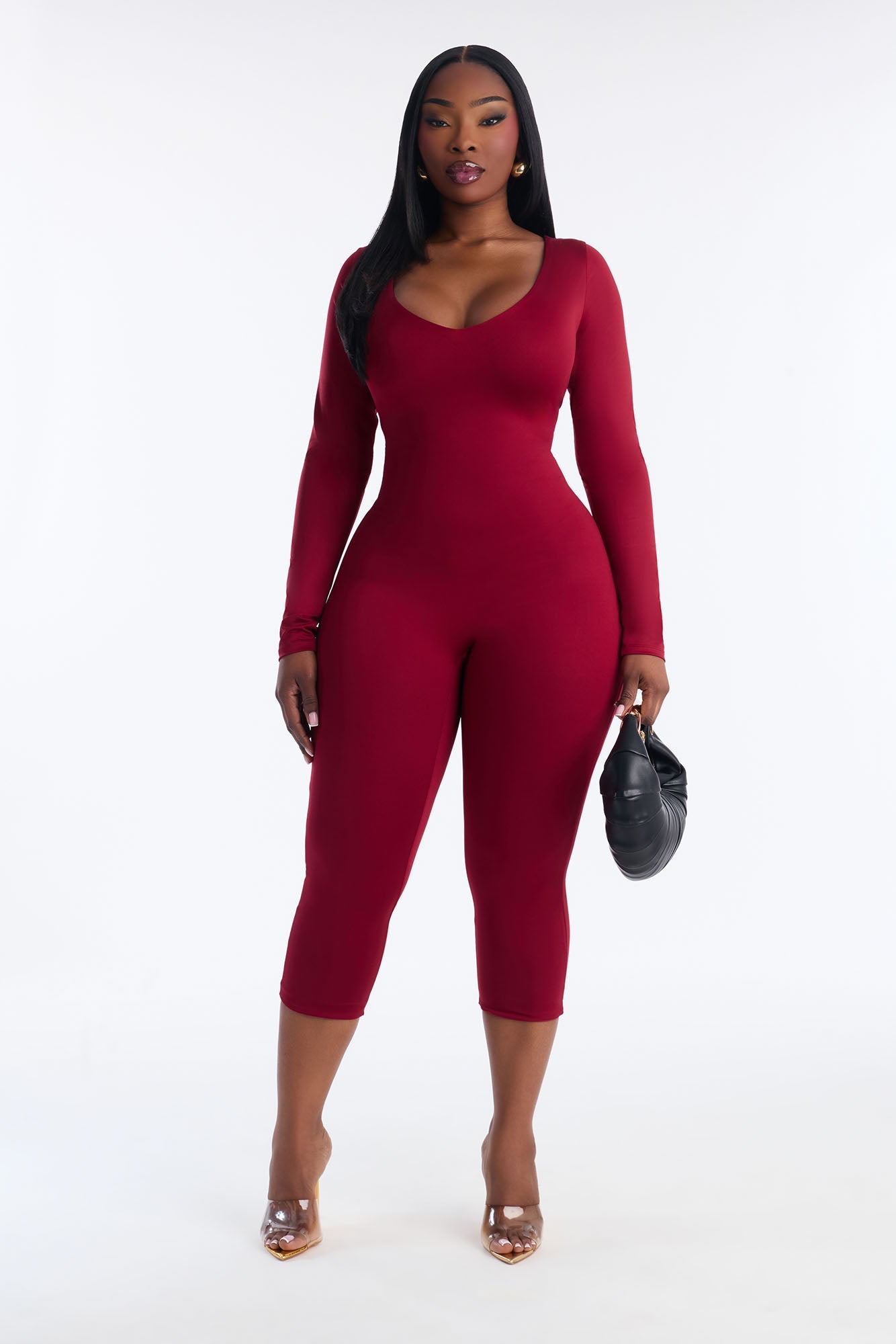 Contour Double Lined Low Back Skinny Leg Jumpsuit - DarkRed