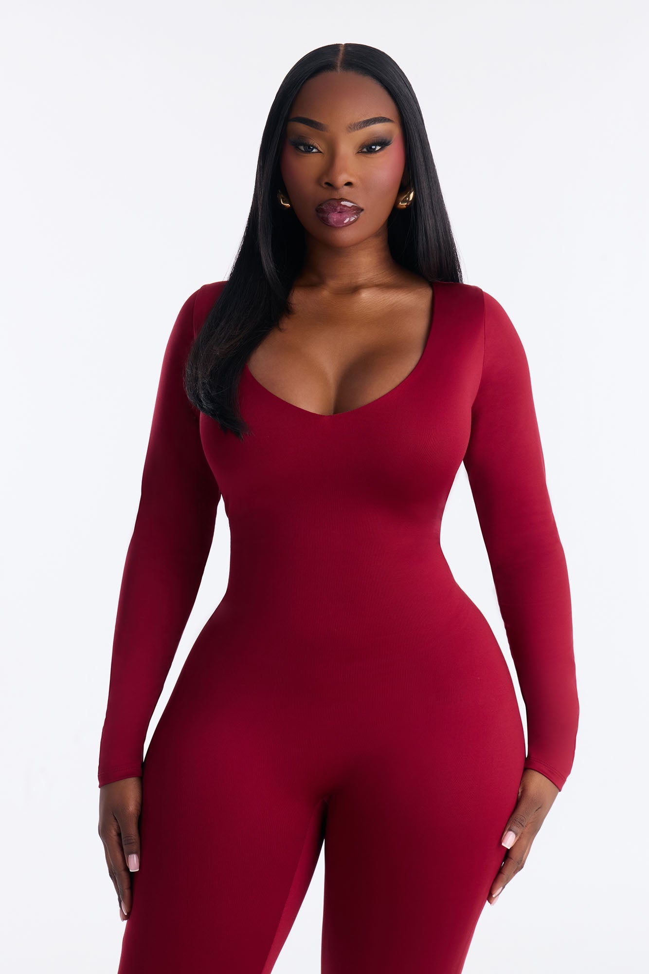 Contour Double Lined Low Back Skinny Leg Jumpsuit - DarkRed