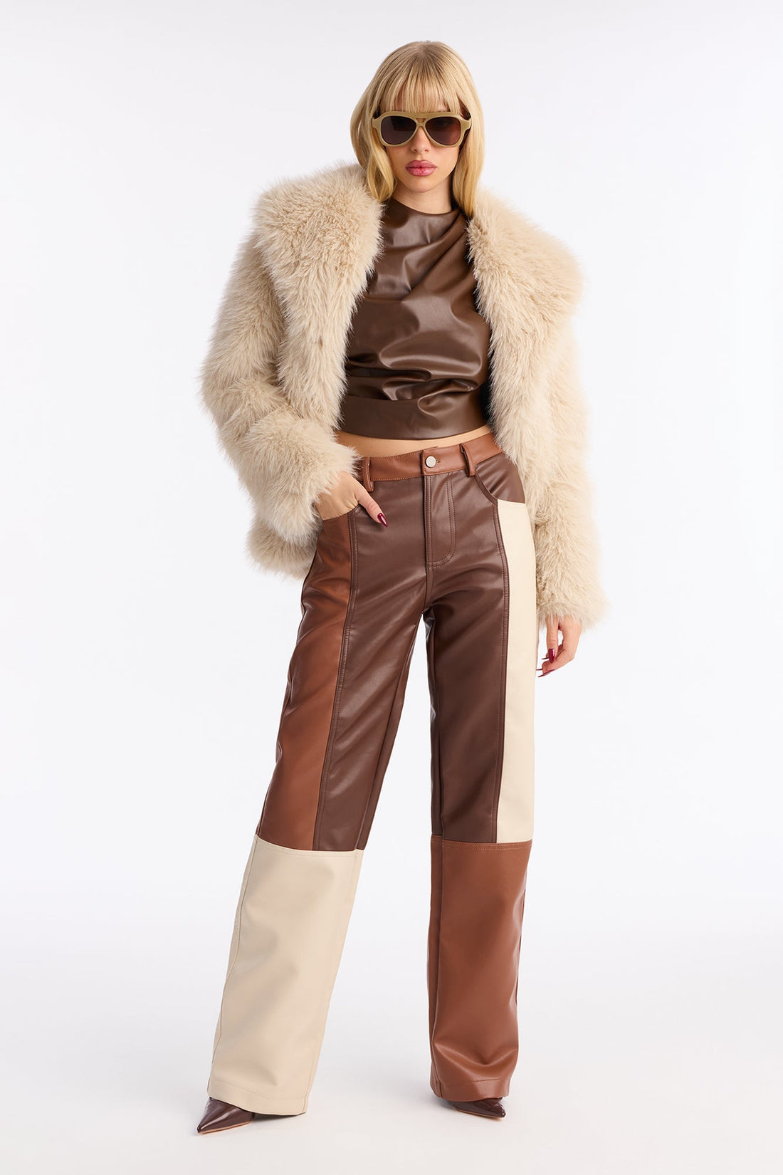 Mixed Feelings Faux Leather Straight Leg Pant 32″ - Brown/combo