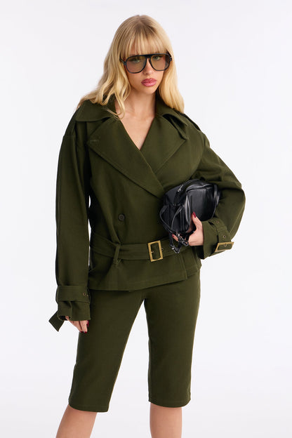 Clementine Twill Trench Jacket Capri Set - Olive