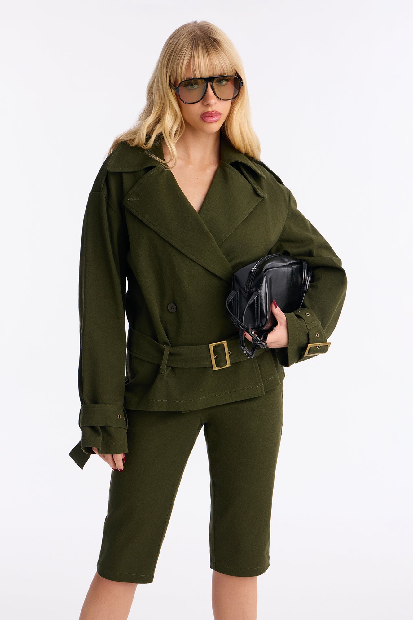 Clementine Twill Trench Jacket Capri Set - Olive