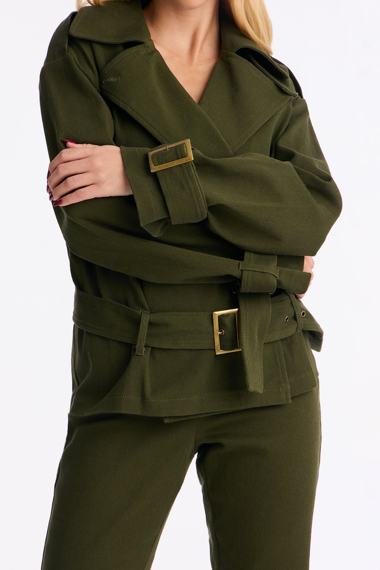 Clementine Twill Trench Jacket Capri Set - Olive