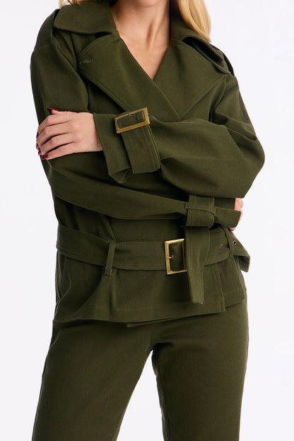 Clementine Twill Trench Jacket Capri Set - Olive
