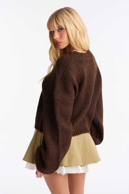Warm Embrace Oversized V Neck Sweater - Chocolate