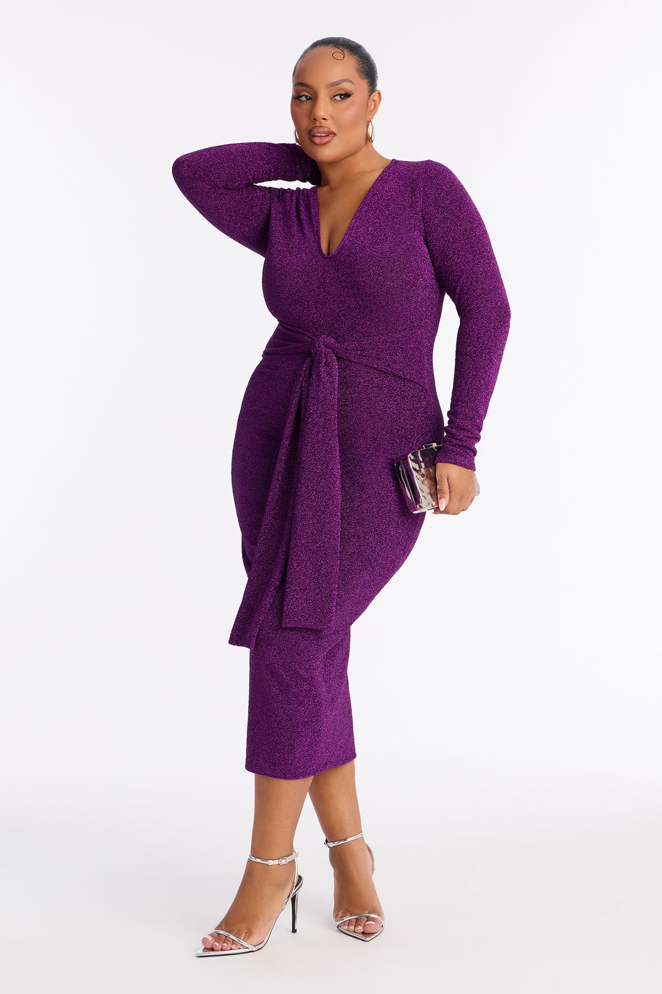 Oaklyn Long Sleeve Metallic Midi Dress - Purple