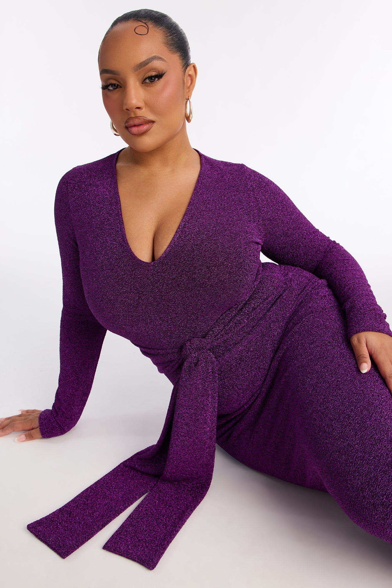 Oaklyn Long Sleeve Metallic Midi Dress - Purple