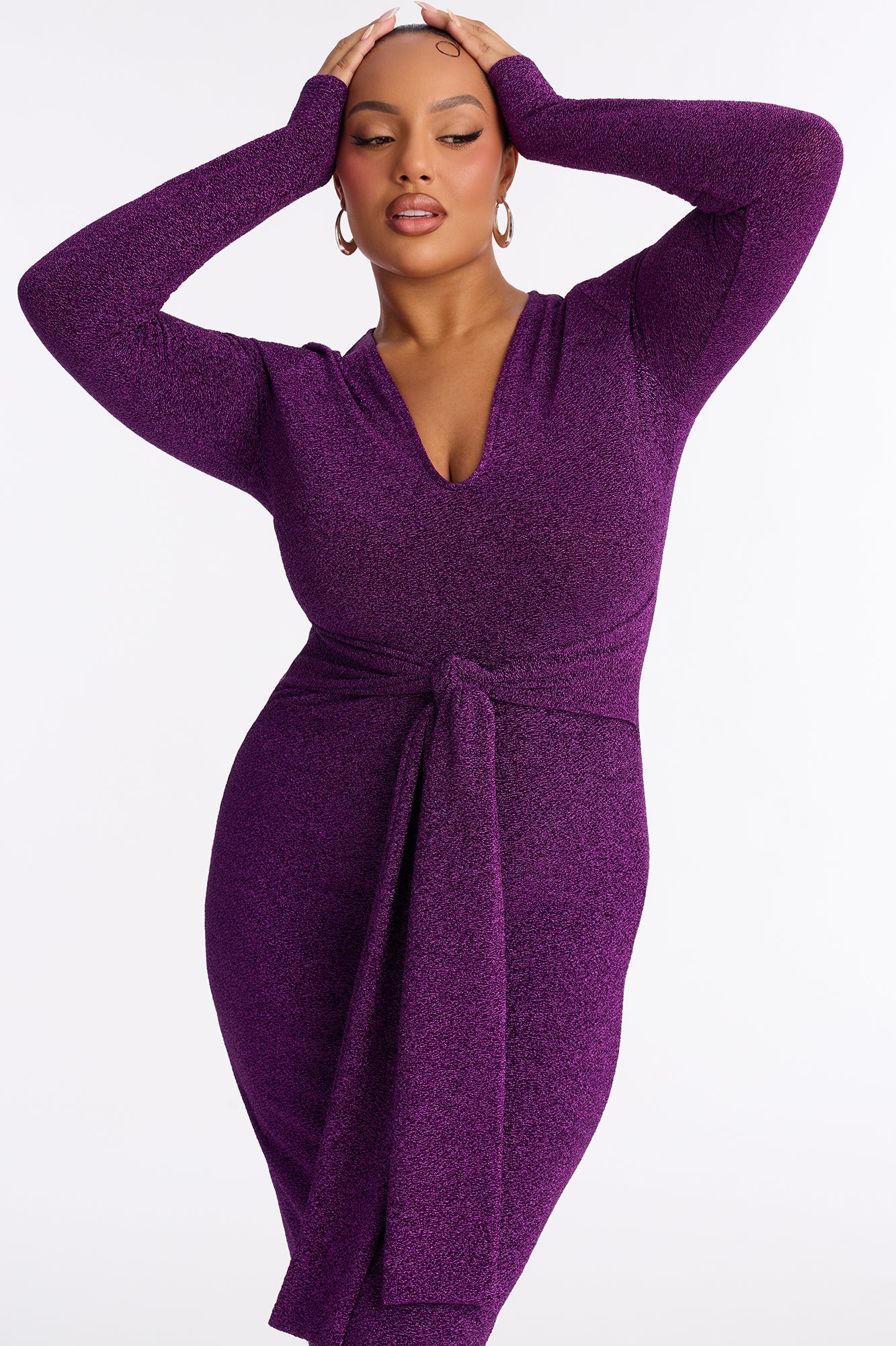 Oaklyn Long Sleeve Metallic Midi Dress - Purple