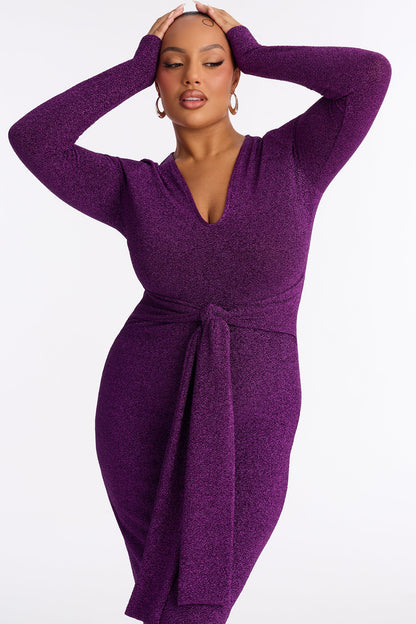 Oaklyn Long Sleeve Metallic Midi Dress - Purple