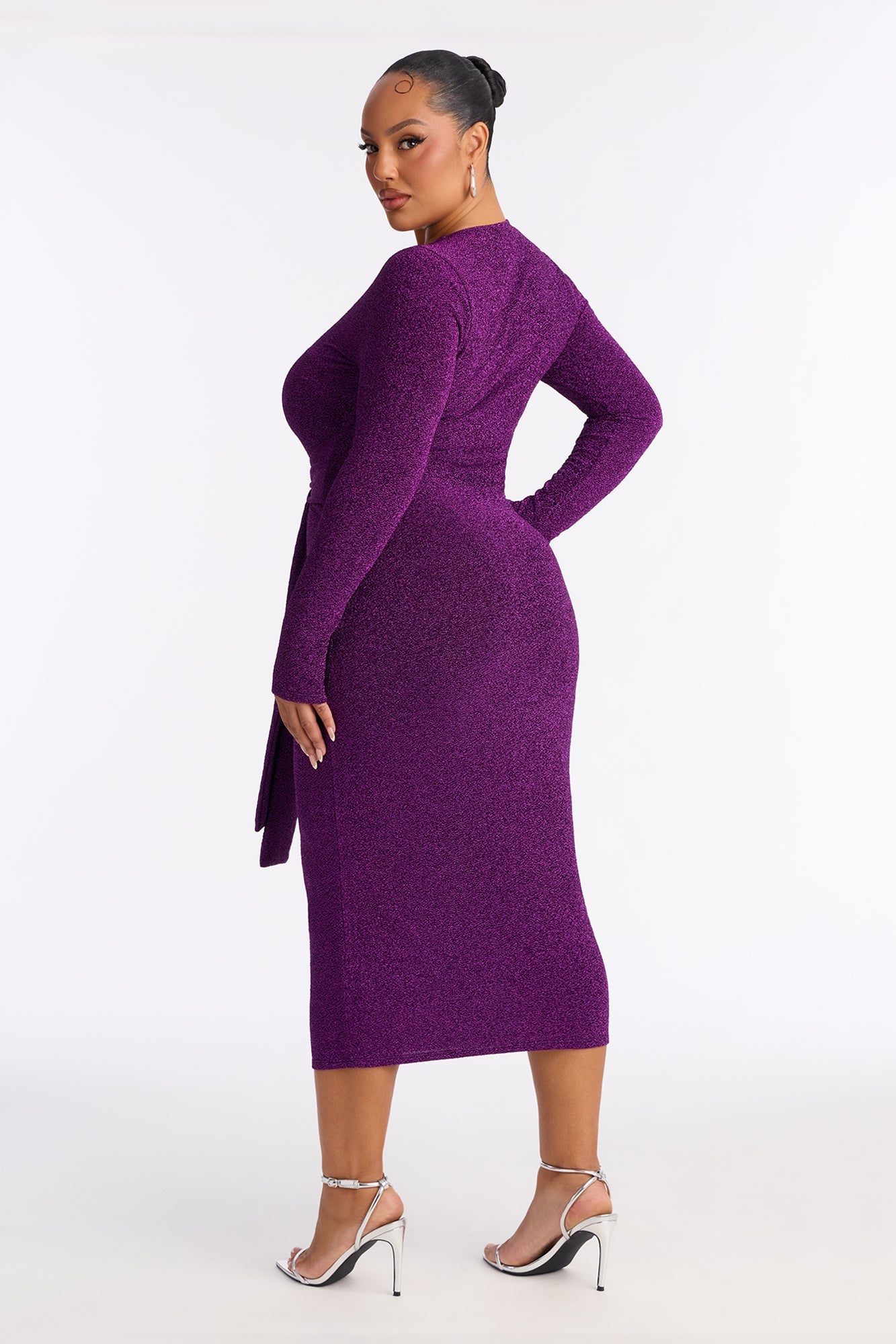 Oaklyn Long Sleeve Metallic Midi Dress - Purple