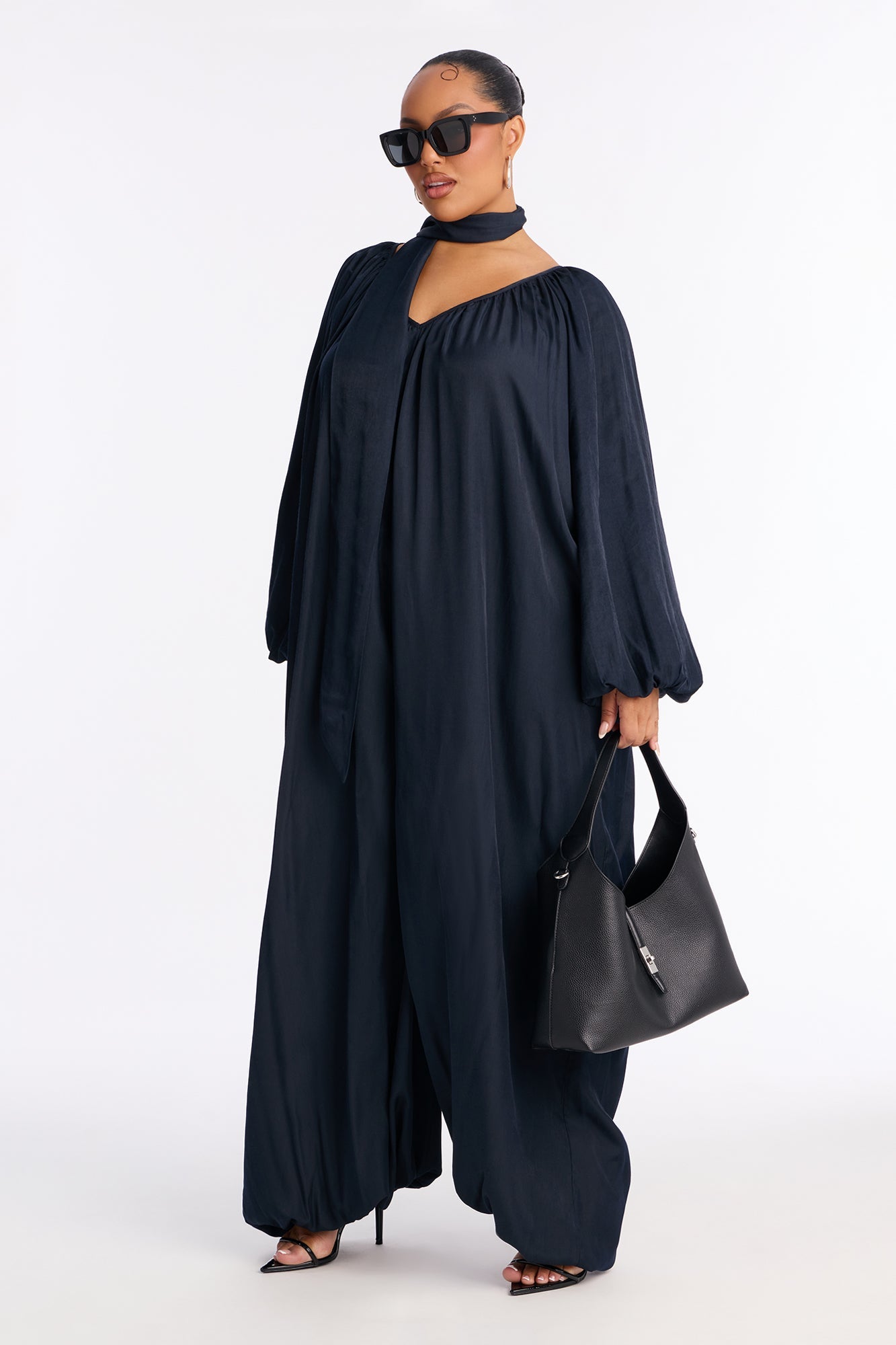 Satin Sips Balloon Wide Leg Jumpsuit - Navy
