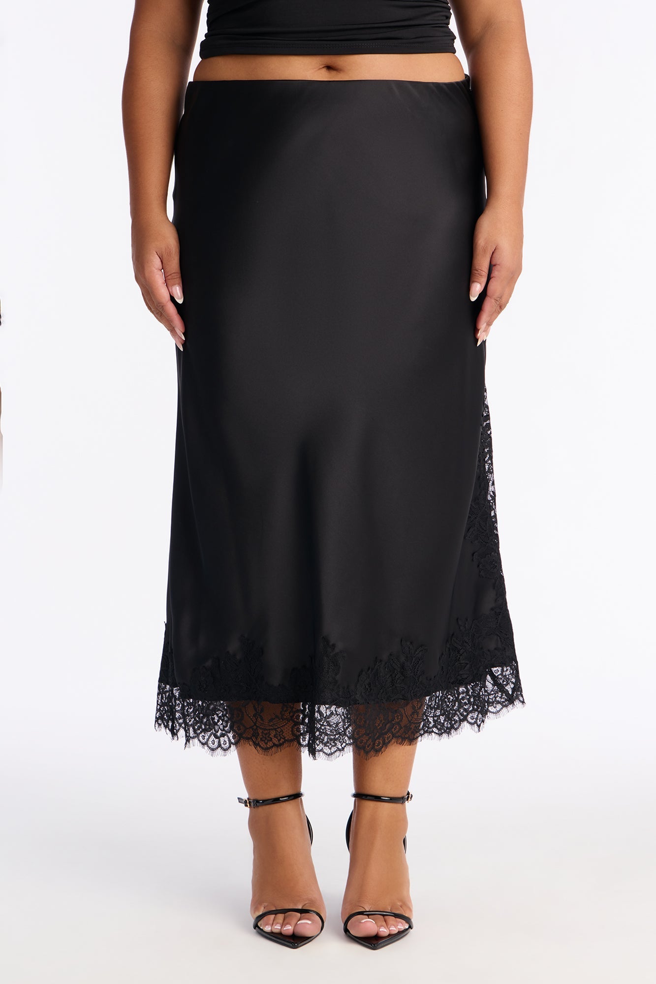 Feel The Love Lace Trim Satin Midi Skirt - Black
