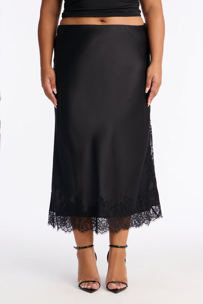 Feel The Love Lace Trim Satin Midi Skirt - Black
