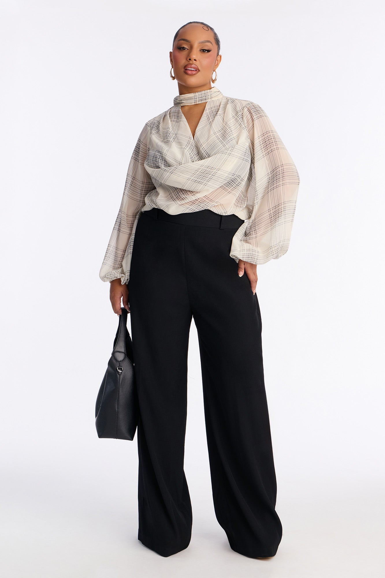 Business Calls Plaid Cowl Mock Neck Jumpsuit - Ivory/combo