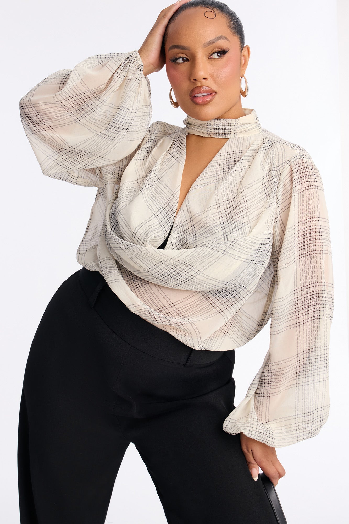 Business Calls Plaid Cowl Mock Neck Jumpsuit - Ivory/combo