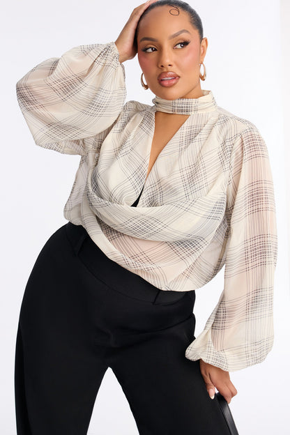Business Calls Plaid Cowl Mock Neck Jumpsuit - Ivory/combo