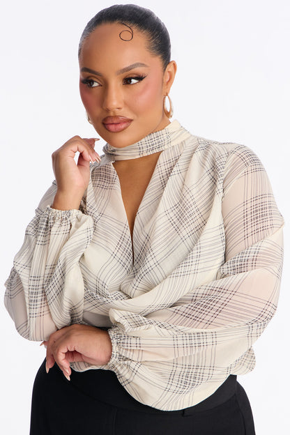 Business Calls Plaid Cowl Mock Neck Jumpsuit - Ivory/combo