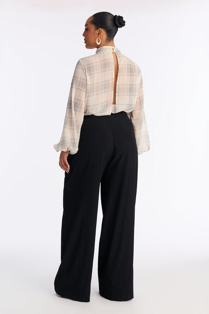 Business Calls Plaid Cowl Mock Neck Jumpsuit - Ivory/combo