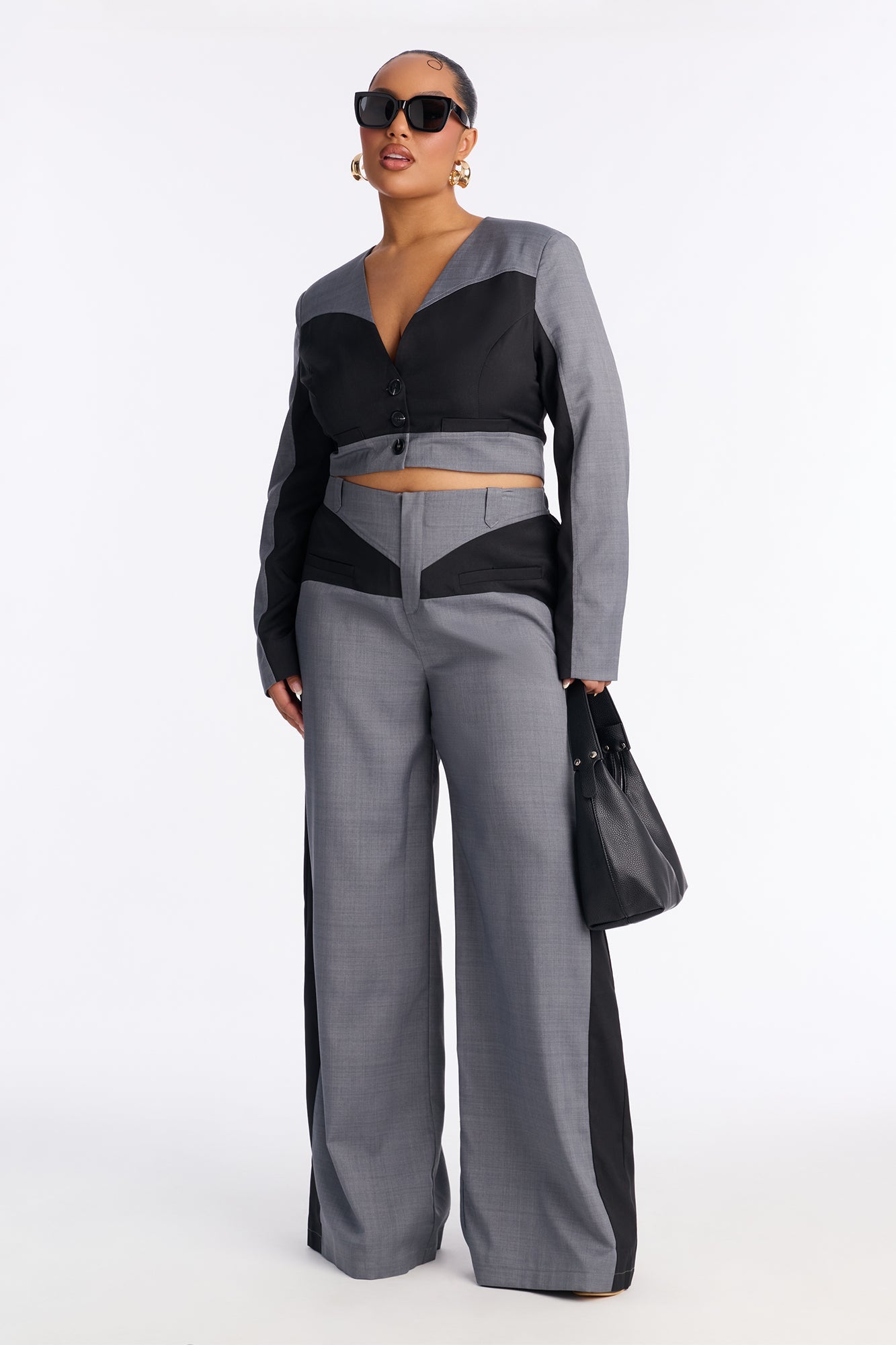 She Runs Things Cropped Blazer Pant Set - Grey/combo