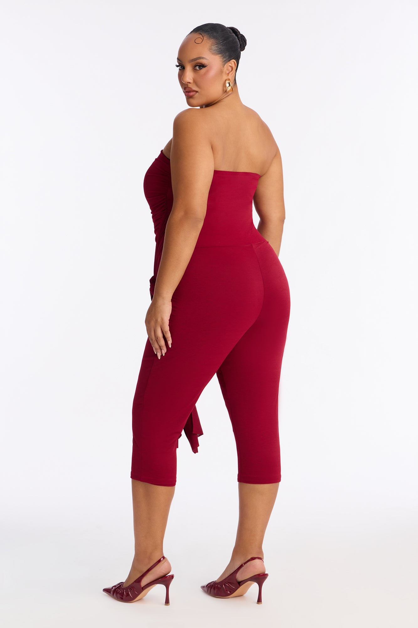 Emma Ruched Capri Jumpsuit - Burgundy